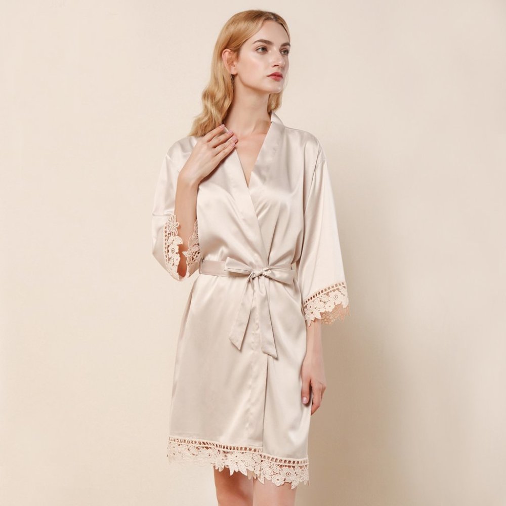 Women Satin Kimono Robes Lace Edges Silk Short Bridesmaid Robe Lingerie Dressing